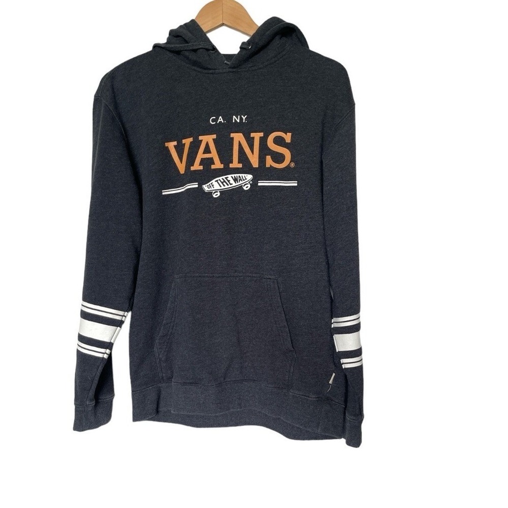 Vans Hoodie Mens Medium Gray Orange Logo Graphic Skater Pullover Fleece Stripe